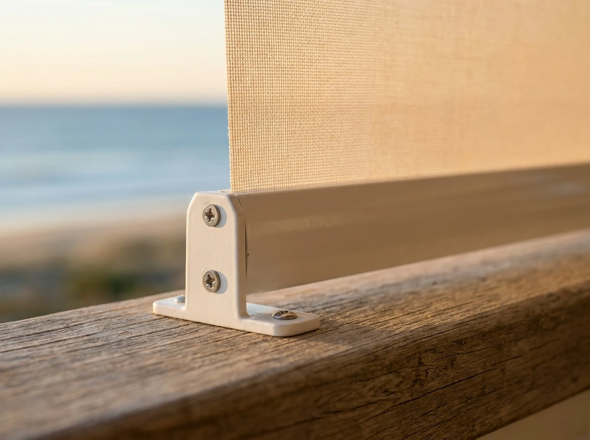 Close-up of a powder-coated aluminium roller-blind bracket and sunscreen fabric edge, Walker Bay visible out of focus behind it