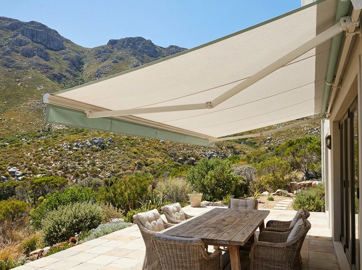 Folding-arm awning extended over a mountain-backed patio in Kleinmond