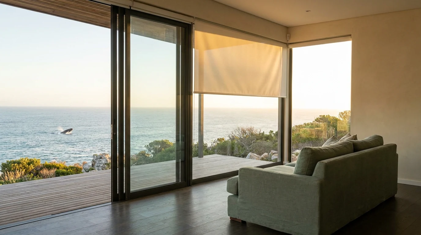 Sunscreen roller blind partially lowered against a wide glass wall in a Hermanus cliffside lounge, a whale breaching offshore over Walker Bay