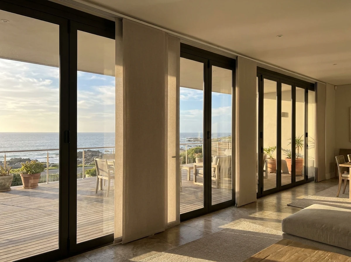 Vertical panel blinds partially drawn across wide stacking glass doors in a Hermanus home