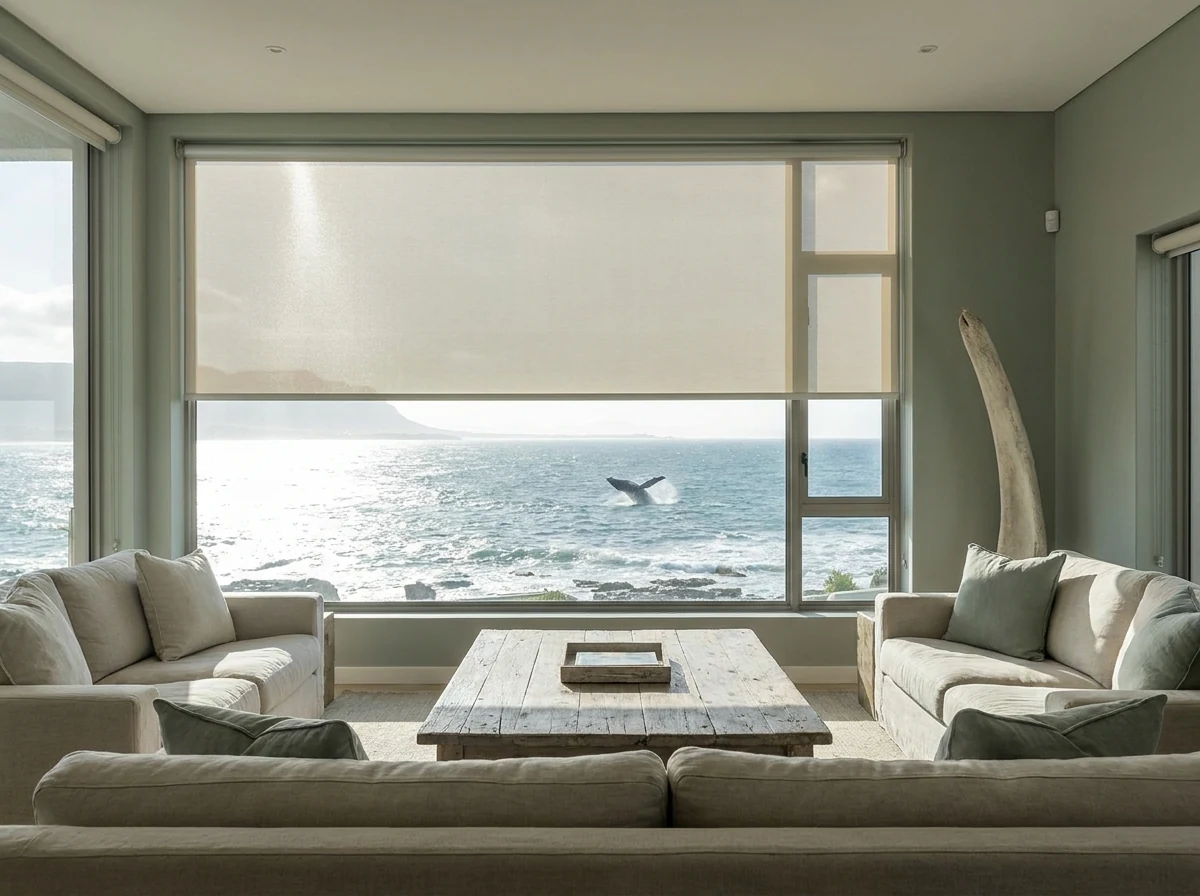 Sunscreen roller blind partially lowered against a Hermanus lounge window facing Walker Bay