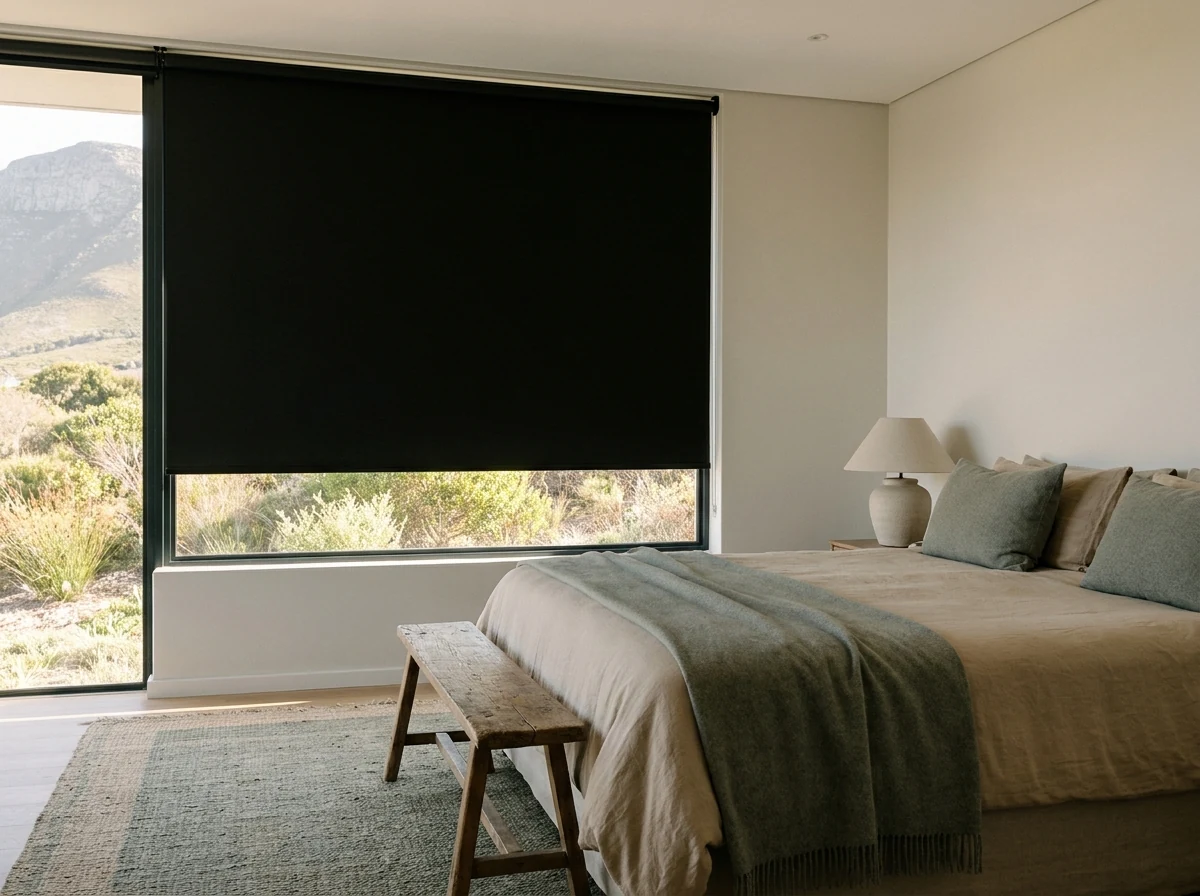 Blockout roller blind lowered against a Hermanus bedroom window, a strip of the Overberg mountains still visible below the hem