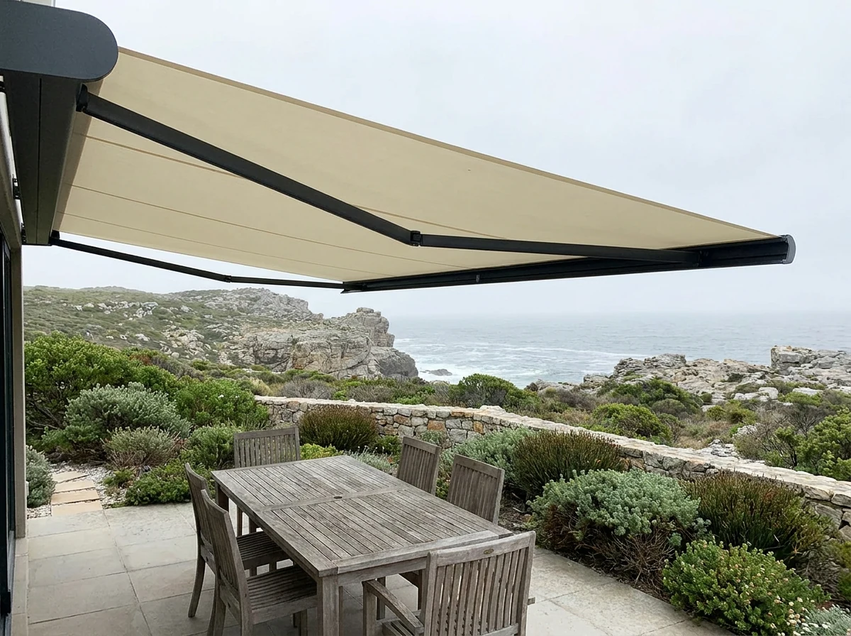 Folding-arm awning extended over an entertaining patio near Gansbaai, fynbos and limestone sea cliffs beyond
