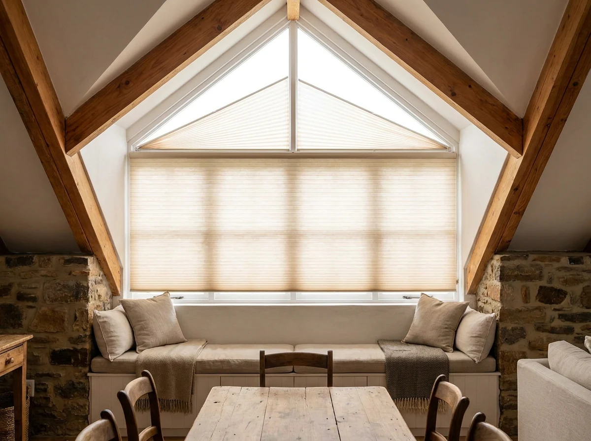 Shaped pleated blind fitted to an angled gable skylight in a Stanford heritage cottage loft conversion