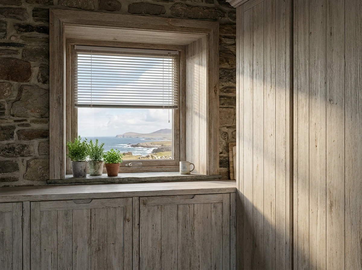 Aluminium venetian blind tilted half open on a coastal kitchen window in Vermont near Hermanus