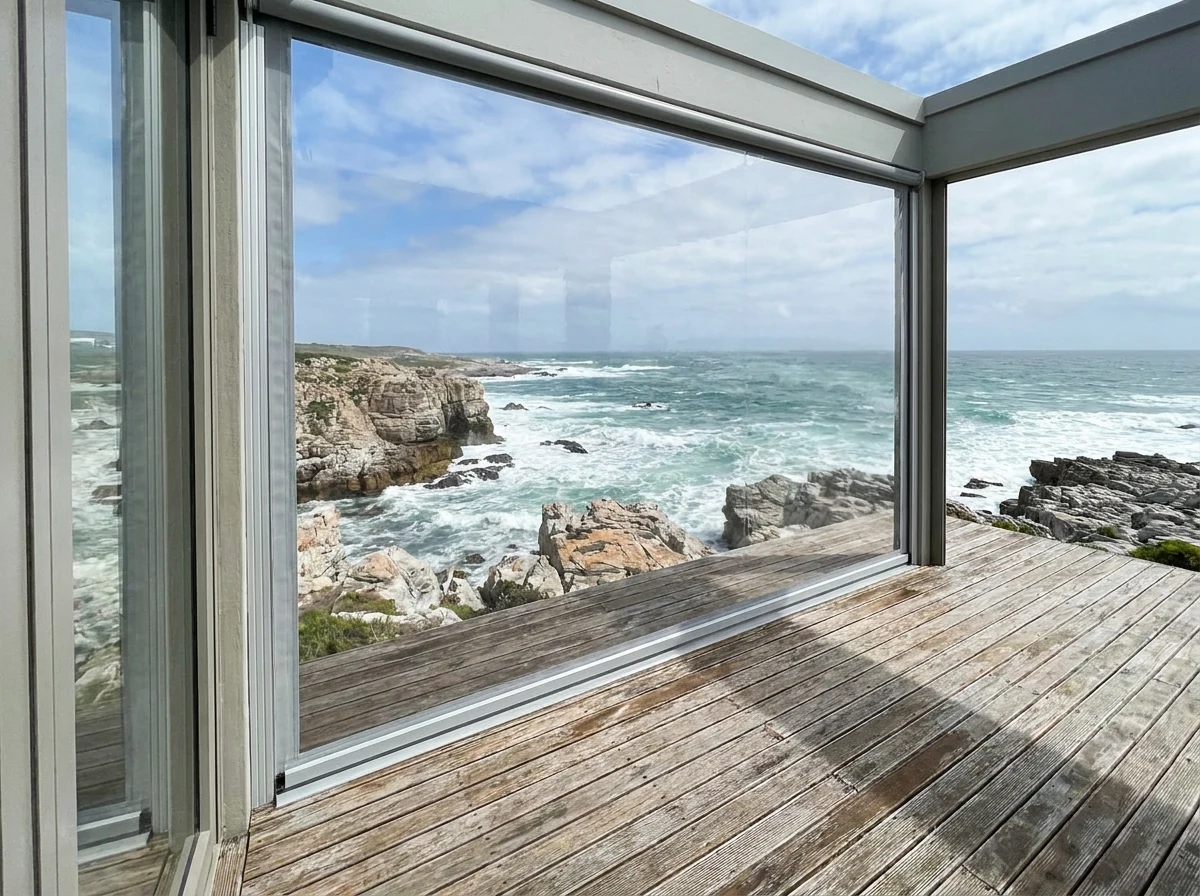 Zip-track outdoor screen enclosing a wind-exposed deck in Gansbaai